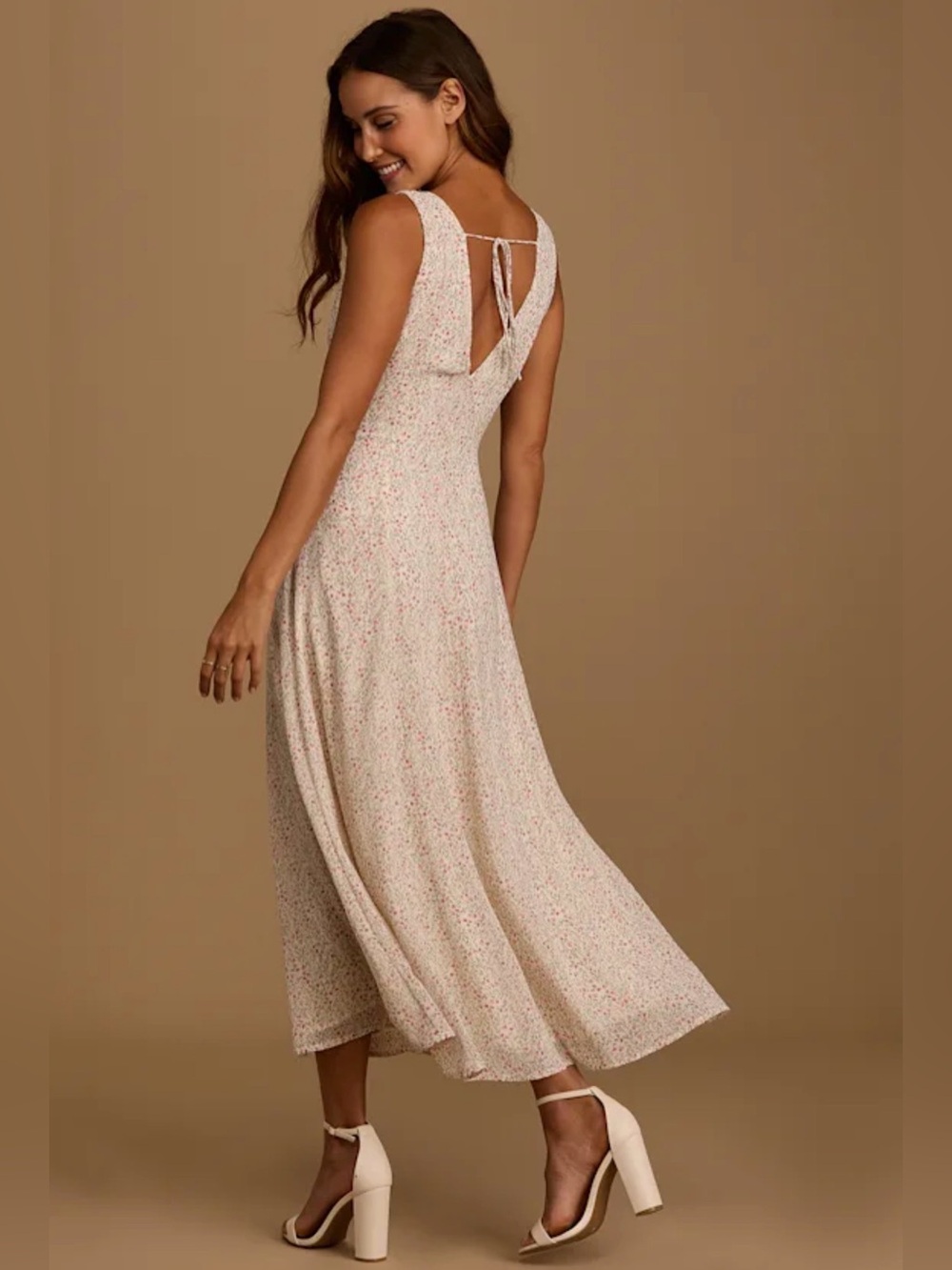 Lulus Women Ivory Floral Print Sleeveless Midi Dress Basic Cream L NWT